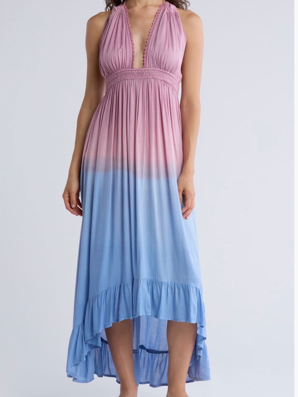 Sleeveless Pink to Blue Ombre Halter Maxi Dress